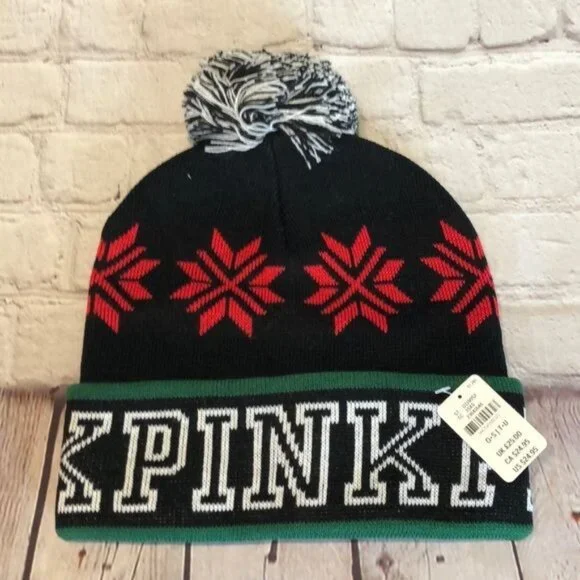 NWT Victorias Secret Pink Knit Hat Beanie Black Red Pom-Pom One Size - Picture 1 of 4
